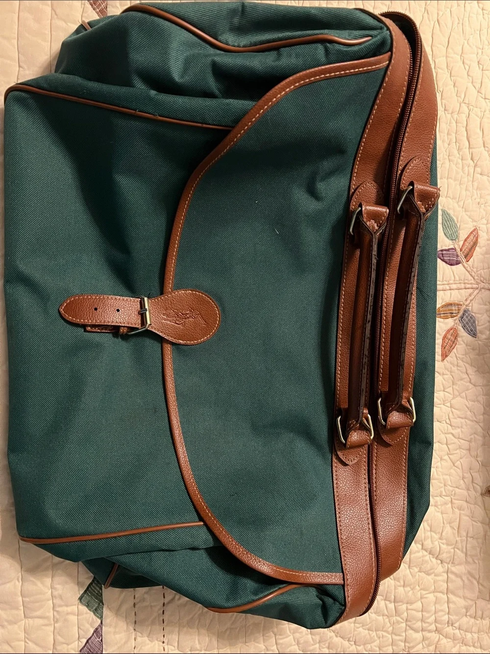 Iconic Ralph Lauren Green Duffel Bag with Brown Leather Trim